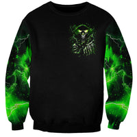 Black unisex sweatshirt with small green skull graphic and lightning sleeves