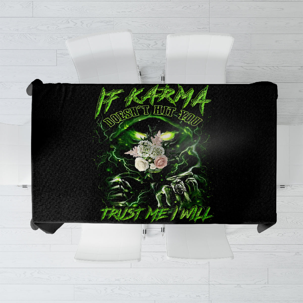 Black tablecloth top view with centered neon green skull design and text