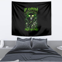 Black tapestry wall hanging with green skull graphic and “Trust Me I Will” text