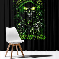 Black window curtain with neon green skull and lightning graphic