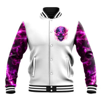 Varsity baseball jacket front view, button-up with skull patch, purple lightning sleeves