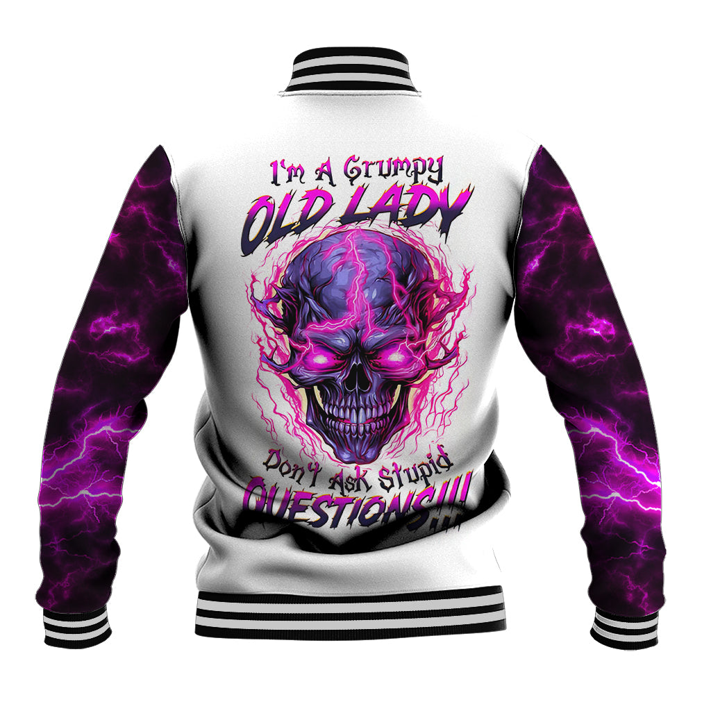 Baseball jacket with purple skull graphic, lightning sleeves, striped ribbed cuffs