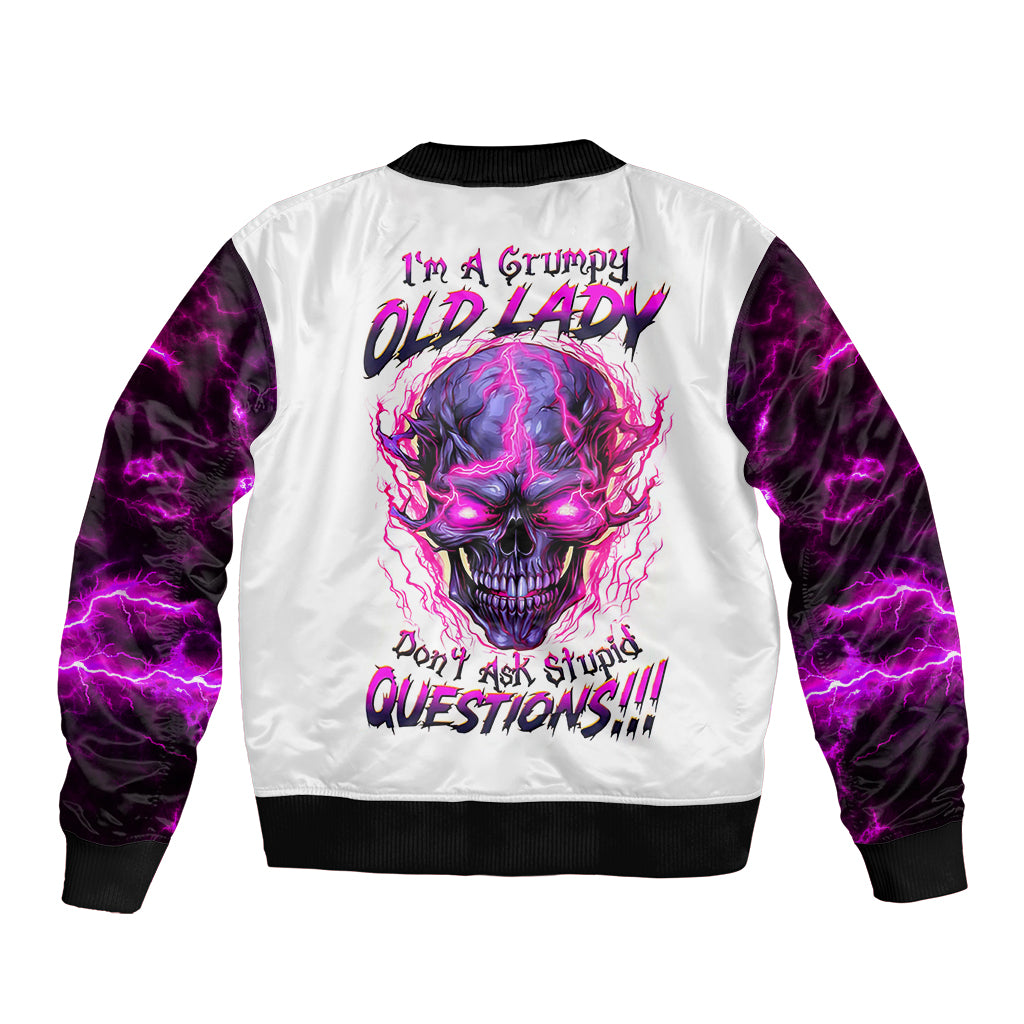 White bomber jacket with black ribbed collar and large purple skull back graphic