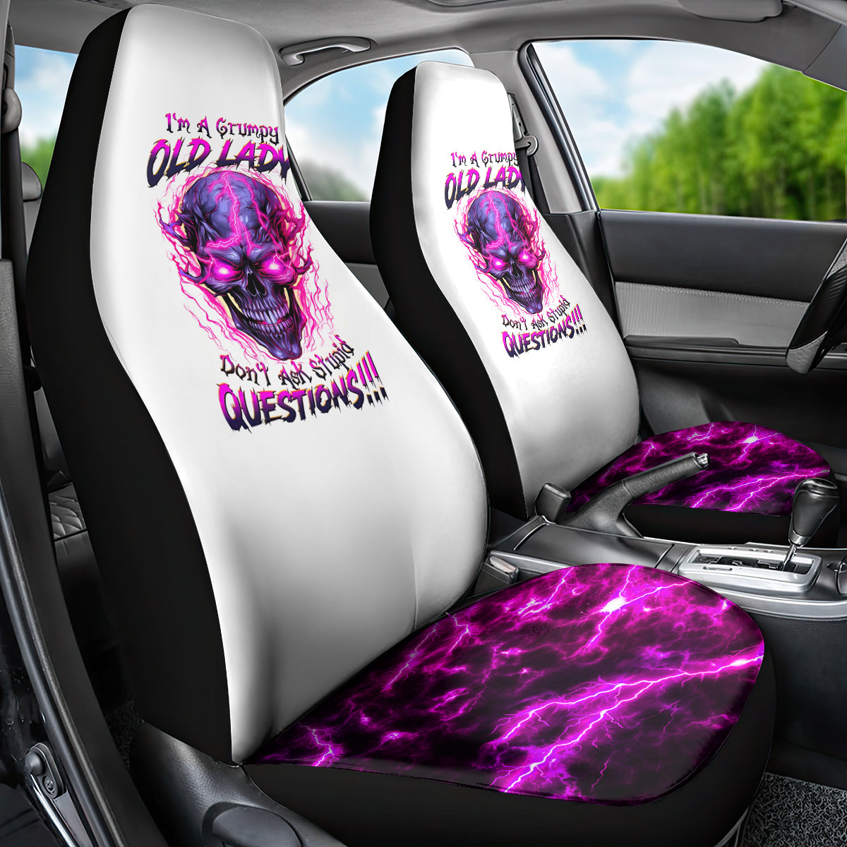 Lighting Skull Car Seat Cover i'm A Grumpy Old Lady Don't Ask Stupid - Wonder Print Shop