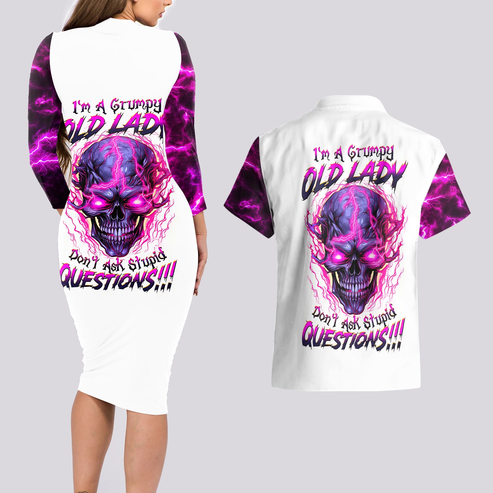 Lighting Skull Couples Matching Long Sleeve Bodycon Dress and Hawaiian Shirt i'm A Grumpy Old Lady Don't Ask Stupid - Wonder Print Shop