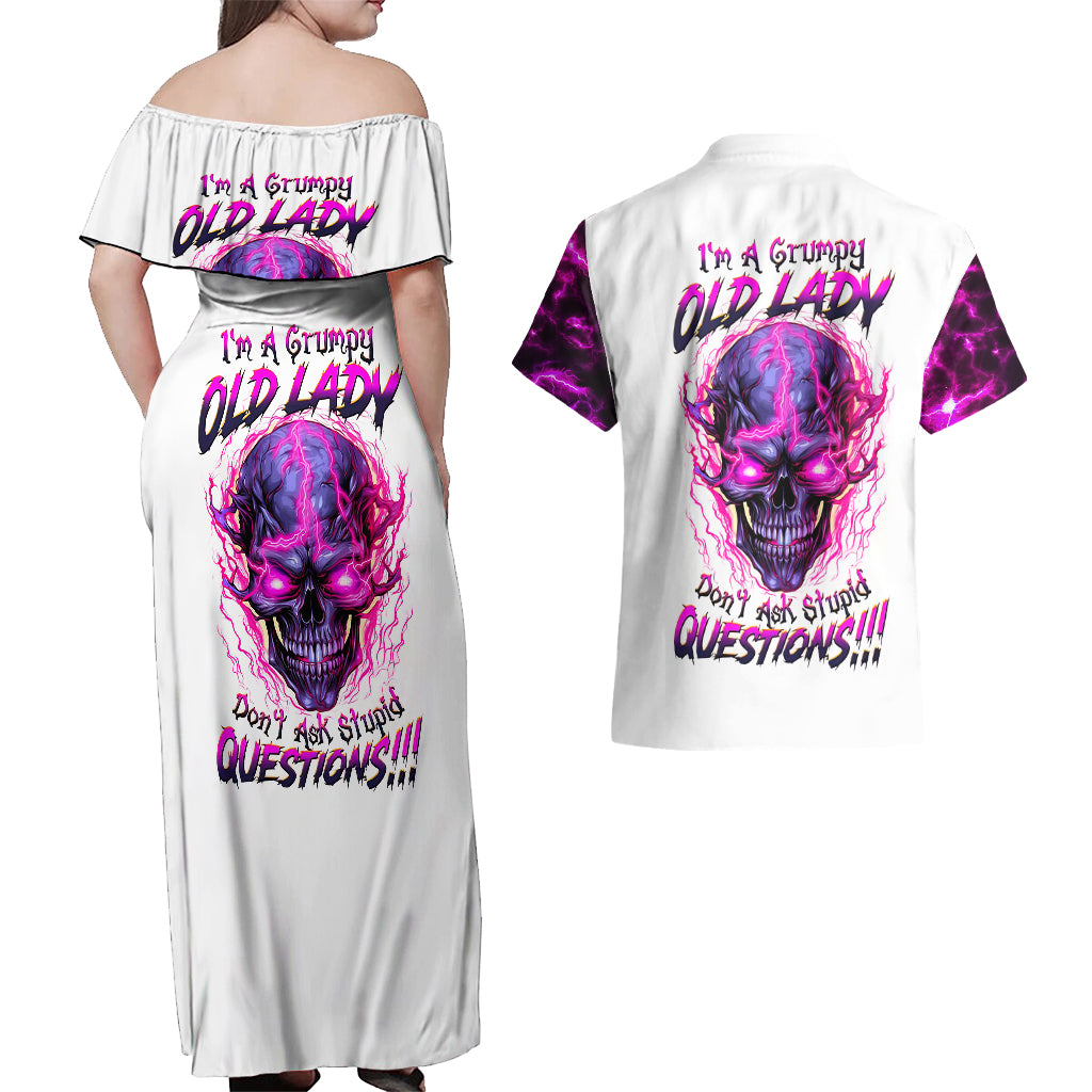 Lighting Skull Couples Matching Off Shoulder Maxi Dress and Hawaiian Shirt i'm A Grumpy Old Lady Don't Ask Stupid - Wonder Print Shop