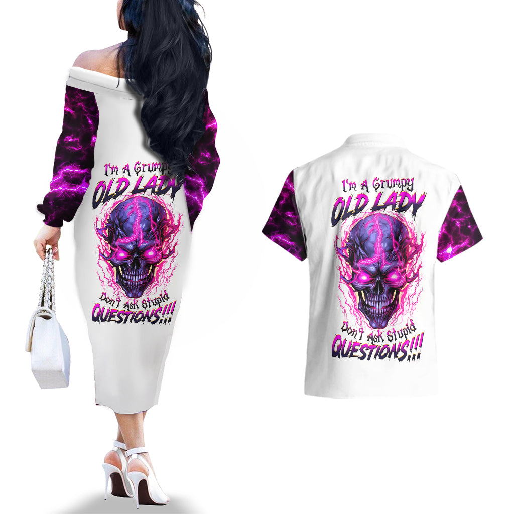 Lighting Skull Couples Matching Off The Shoulder Long Sleeve Dress and Hawaiian Shirt i'm A Grumpy Old Lady Don't Ask Stupid - Wonder Print Shop