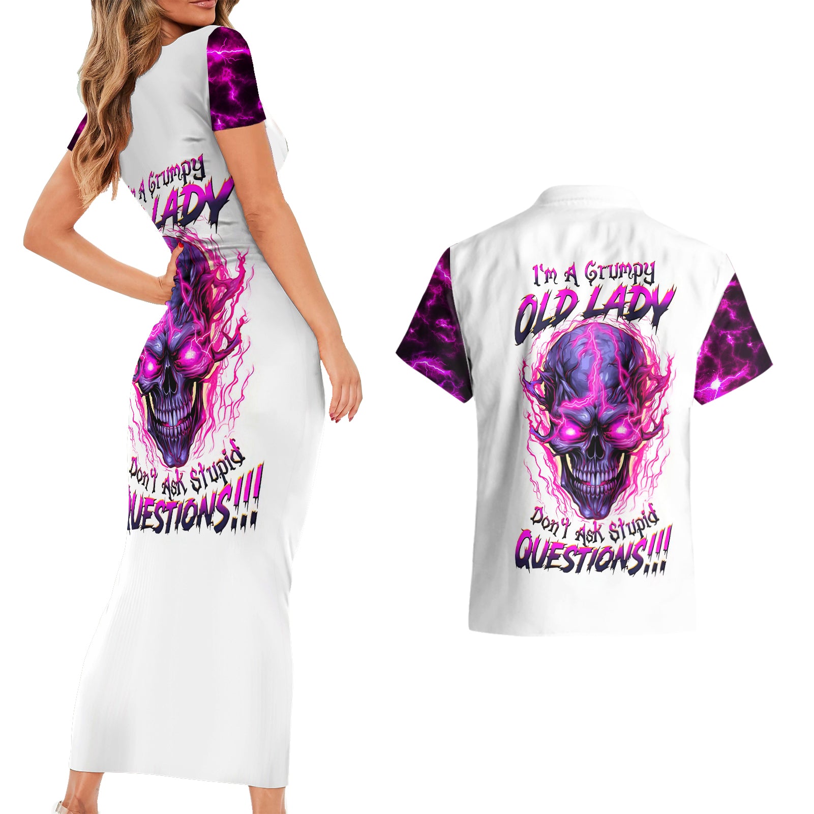 Lighting Skull Couples Matching Short Sleeve Bodycon Dress and Hawaiian Shirt i'm A Grumpy Old Lady Don't Ask Stupid - Wonder Print Shop