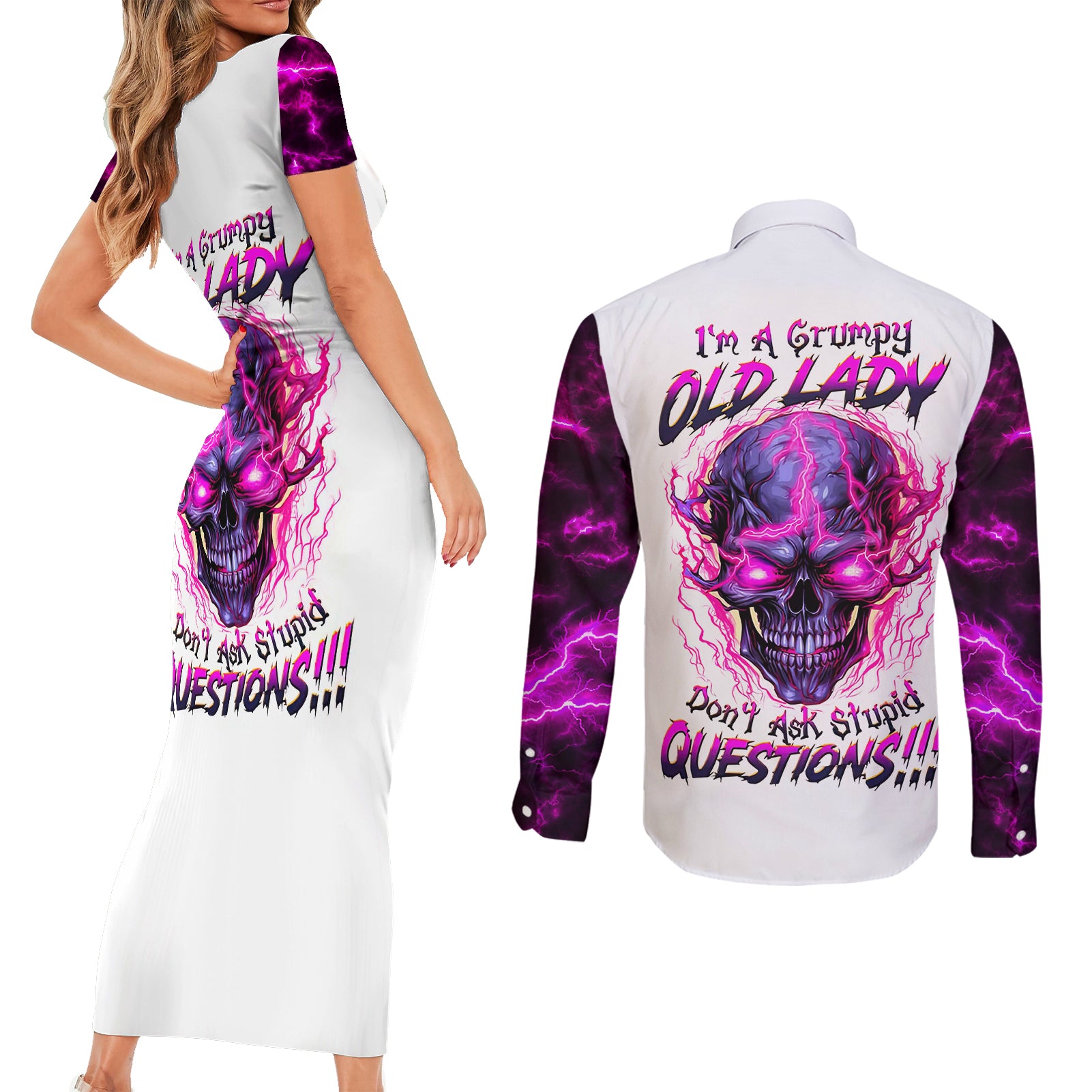 Lighting Skull Couples Matching Short Sleeve Bodycon Dress and Long Sleeve Button Shirts i'm A Grumpy Old Lady Don't Ask Stupid - Wonder Print Shop