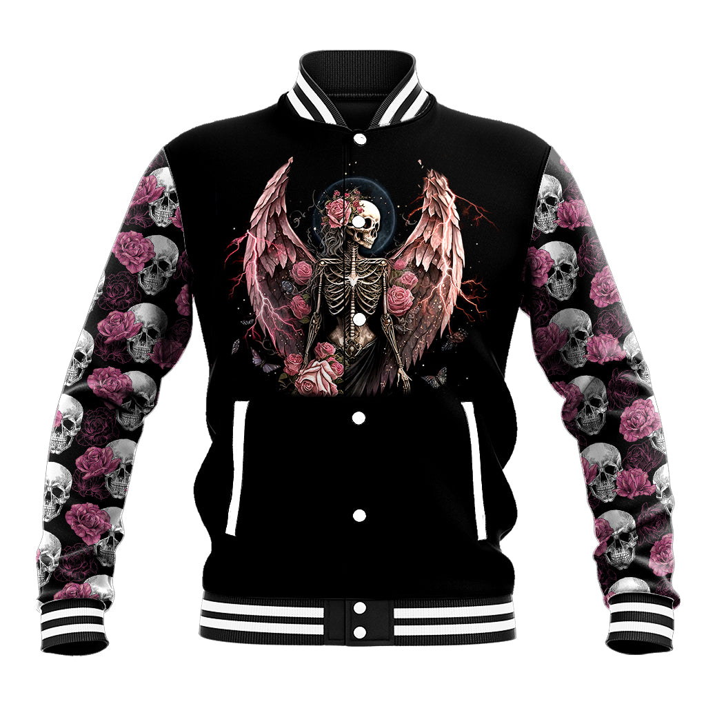 Black unisex baseball jacket with front angel skull and roses graphic, snap buttons, ribbed hem