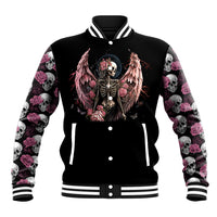Black unisex baseball jacket with front angel skull and roses graphic, snap buttons, ribbed hem