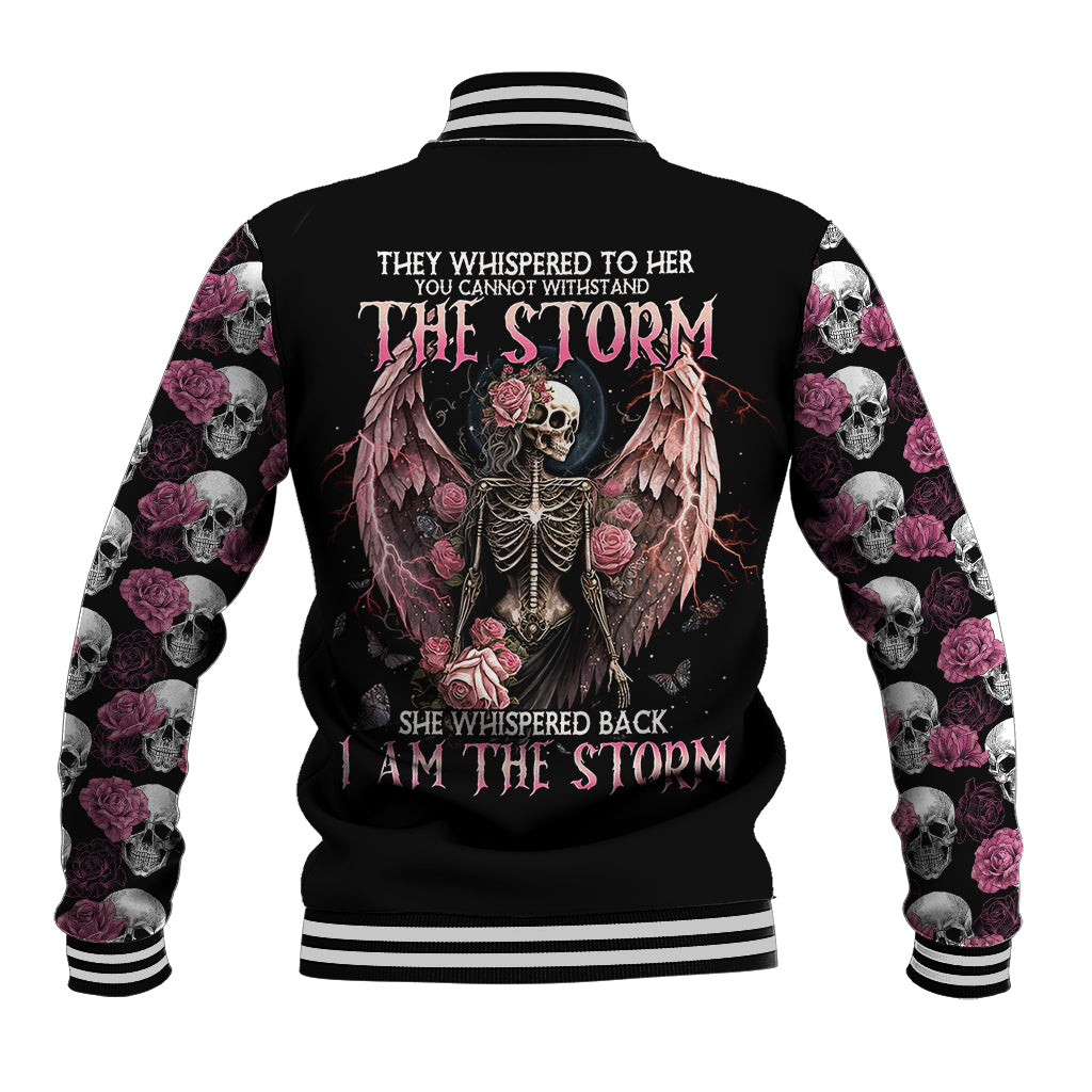 Black unisex baseball jacket with back print: angel skull, roses, ribbed striped cuffs