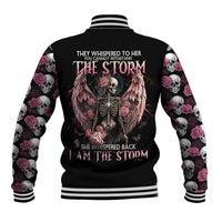 Black unisex baseball jacket with back print: angel skull, roses, ribbed striped cuffs