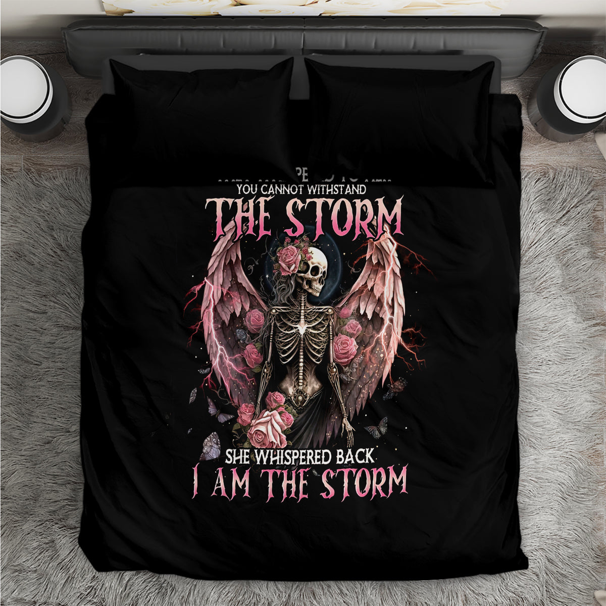 Black bedding set, duvet and two pillowcases, centered angel skull with roses print