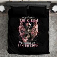 Black bedding set, duvet and two pillowcases, centered angel skull with roses print