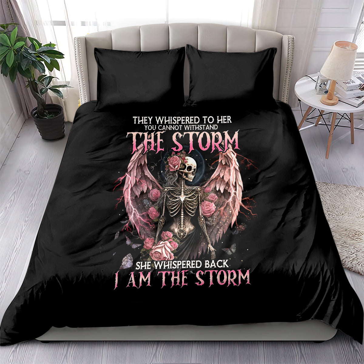 Black duvet cover set with angel skull and roses graphic, with two matching pillowcases