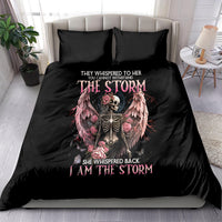 Black duvet cover set with angel skull and roses graphic, with two matching pillowcases