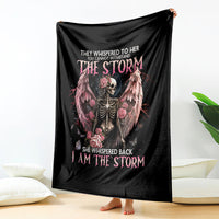 Black skull angel fleece blanket with roses, wings, and bold storm text graphic