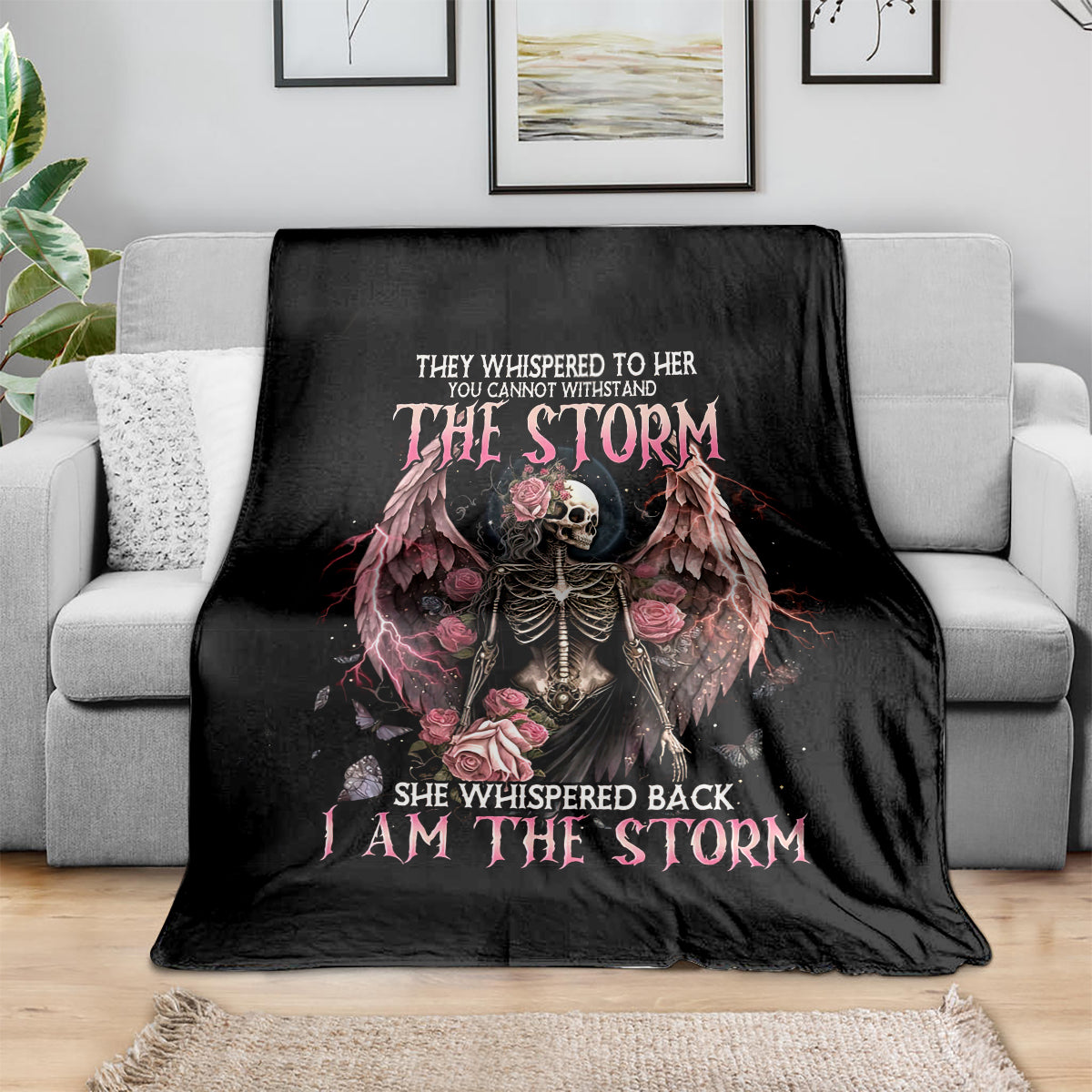 Black skull angel throw blanket with roses and winged figure graphic, text design