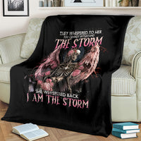 Black skull angel throw blanket with pink roses, wings, and storm typography