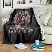 Black skull angel blanket with pink roses, central wings, and storm slogan print
