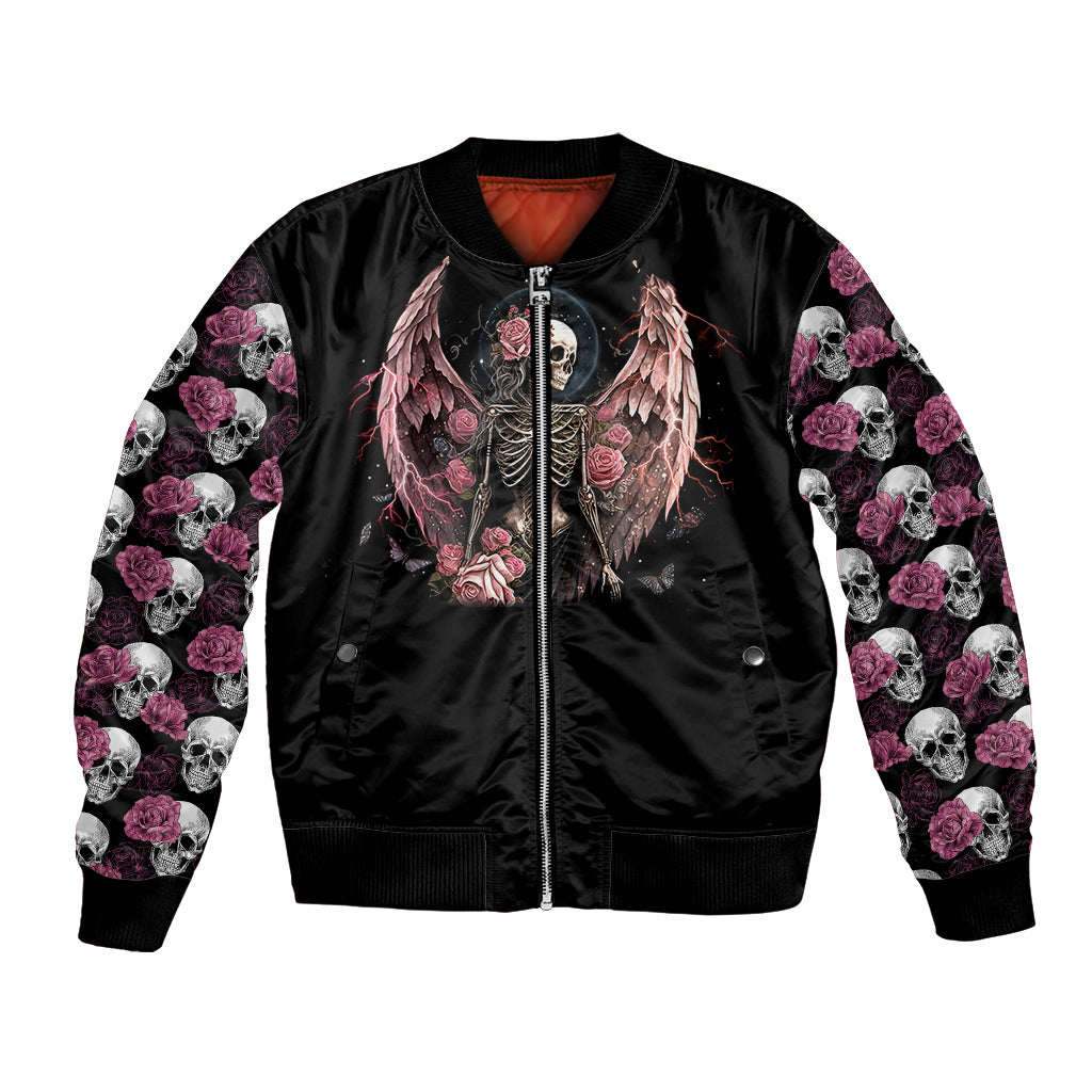 Black bomber jacket with front zipper, angel-skull design, rose-and-skull sleeve pattern