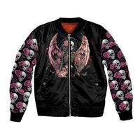 Black bomber jacket with front zipper, angel-skull design, rose-and-skull sleeve pattern