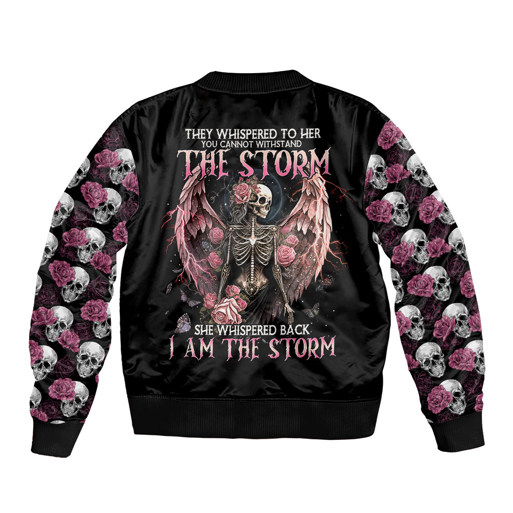 Black bomber jacket with ribbed collar, large angel-skull graphic on back, floral sleeves