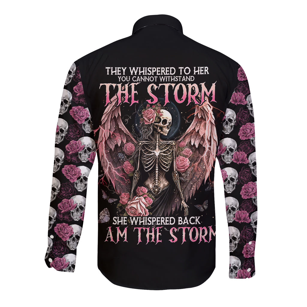 Unisex black long-sleeve button shirt with angel skull back graphic and roses
