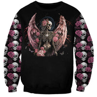 Black unisex sweatshirt with winged angel skeleton and rose halo graphic; skull and rose sleeves