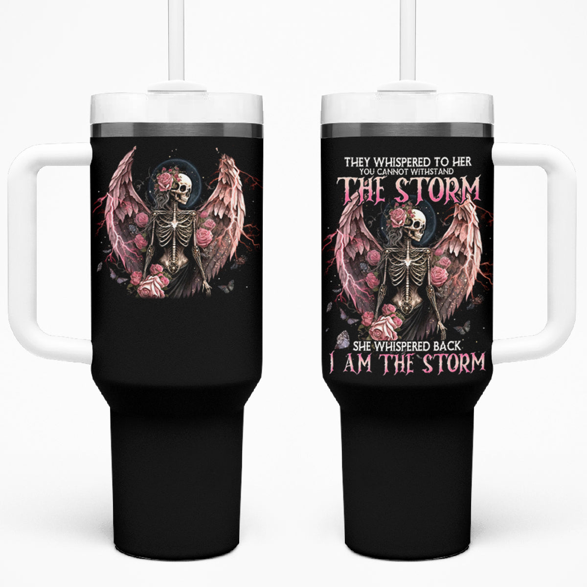 Angel Skull Tumbler With Handle She Whispered Back Iam The Storm