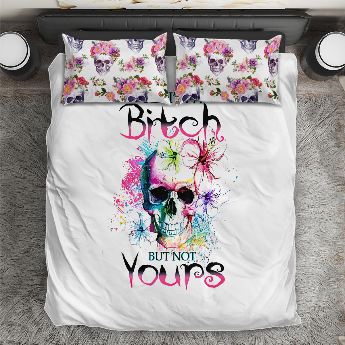 White duvet and pillowcases with watercolor skull, colorful splatter, and floral collage design