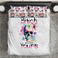 White duvet and pillowcases with watercolor skull, colorful splatter, and floral collage design