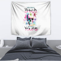 White wall tapestry with watercolor skull and 'YES I'M A'/'BUT NOT YOURS' text