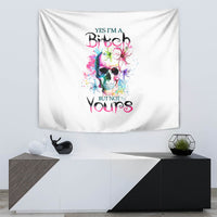 White wall tapestry featuring watercolor skull with colorful splatter and 'YOURS' text
