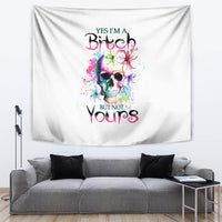 White wall tapestry with watercolor skull art and bold 'BUT NOT YOURS' lettering