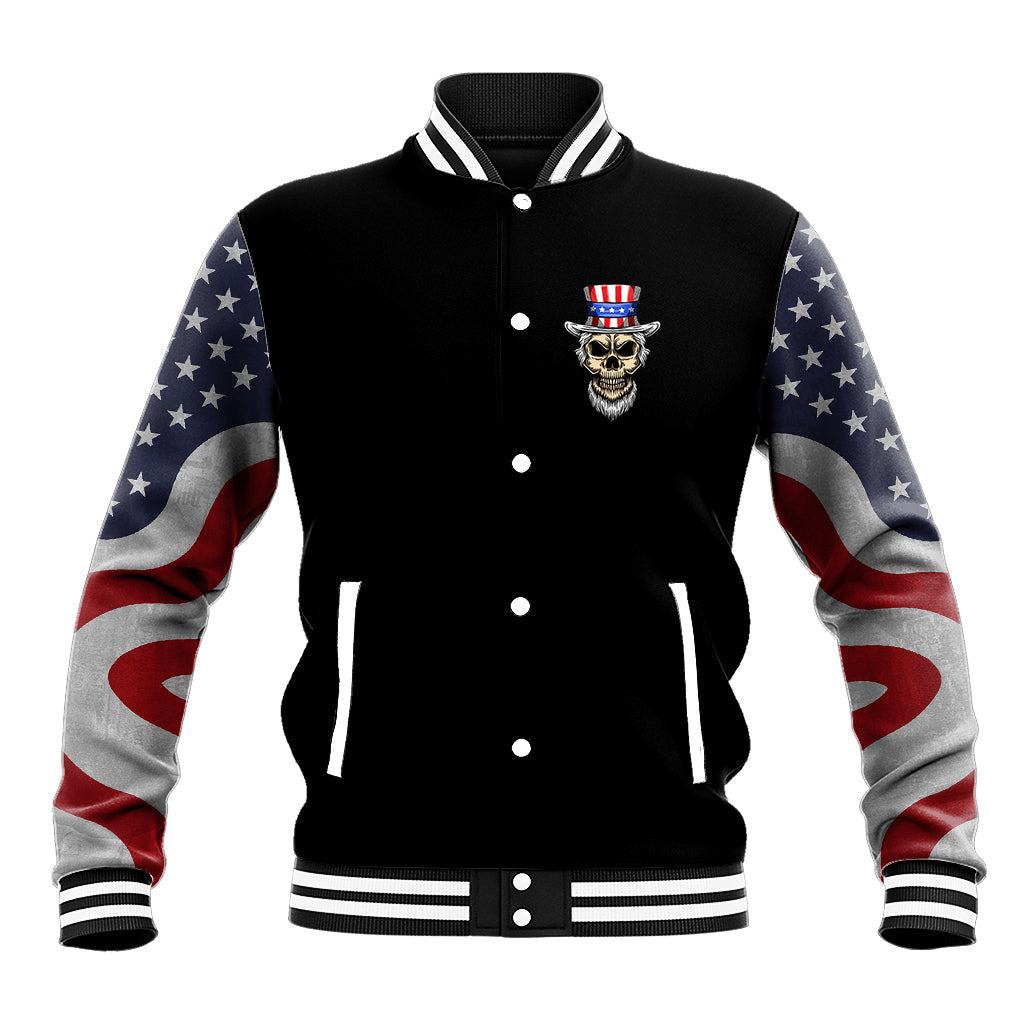 Black baseball jacket with snap front and stars-and-stripes sleeves, skull chest emblem