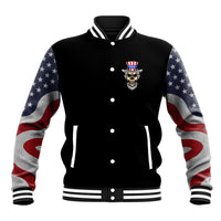 Black baseball jacket with snap front and stars-and-stripes sleeves, skull chest emblem