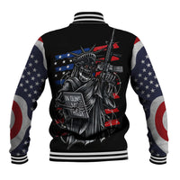 Black baseball jacket with ribbed striped collar and large back American skull graphic