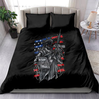 Black bedding set with skull statue graphic, includes matching pillowcases
