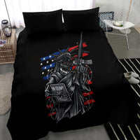 Black bedding set with skull holding gun and flag-star graphic