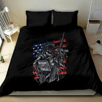 Black bedding set featuring skull gun-soldier artwork with red/blue accents