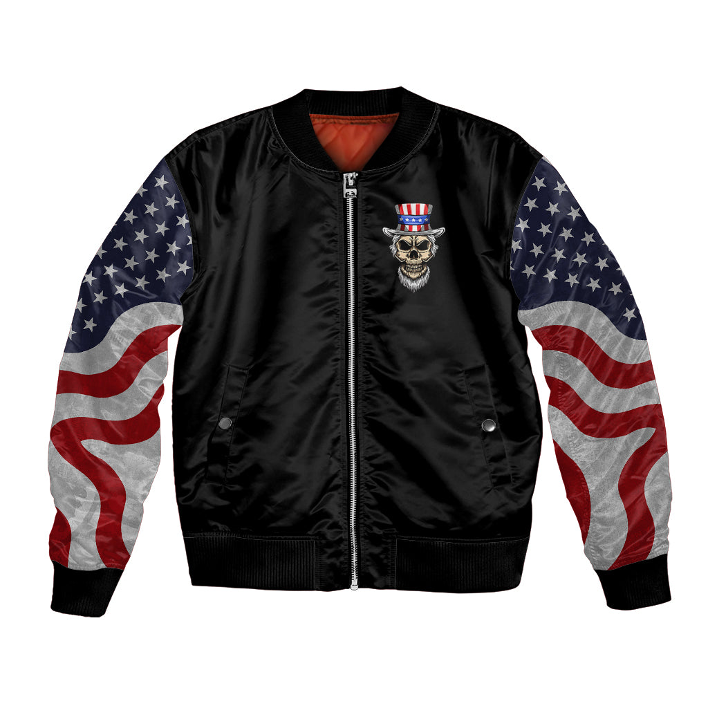Black unisex bomber jacket, zip-front with skull badge and star-spangled sleeve panels