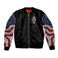 Black unisex bomber jacket, zip-front with skull badge and star-spangled sleeve panels