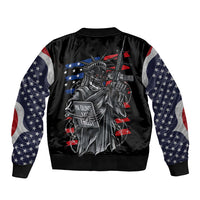 Black unisex bomber jacket with skull-and-Liberty graphic and star-spangled sleeves