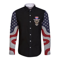 Black long-sleeve button shirt with patriotic star sleeves and skull chest patch graphic