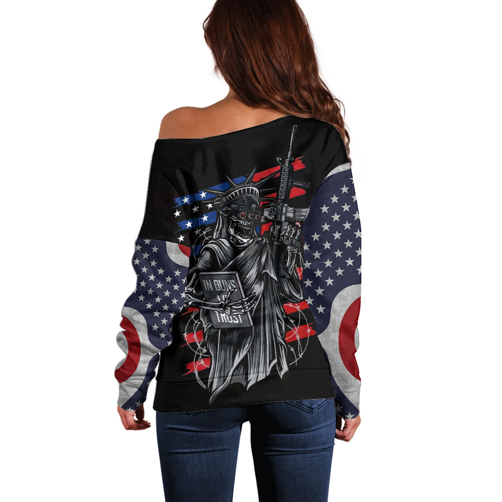 American Skull Off Shoulder Sweater In Gun We Trust - Wonder Print Shop