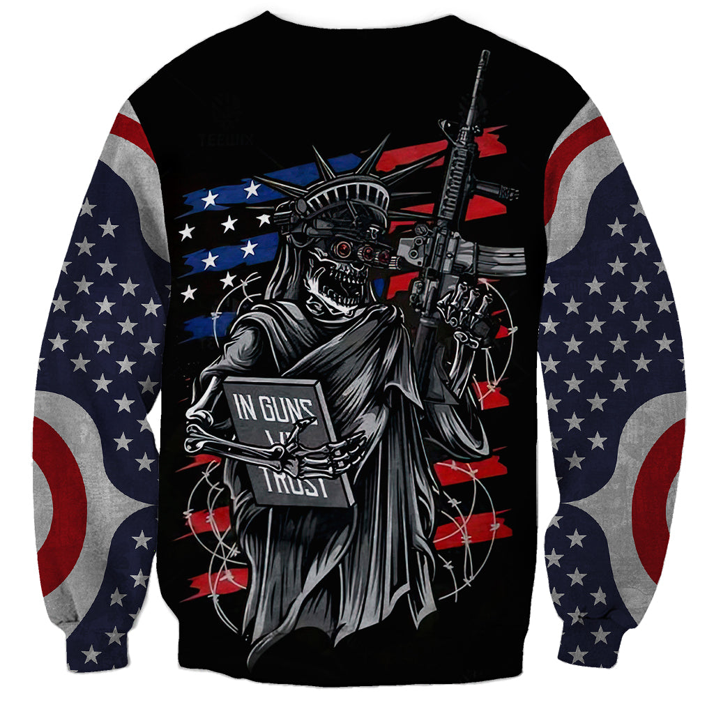 Black unisex sweatshirt with patriotic stars sleeves and skull holding rifles front print