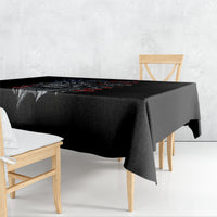 Black tablecloth with skull and patriotic graphic, draped on table