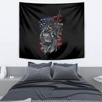 Black skull-themed tapestry wall hanging with Statue of Liberty graphic, stars, and guns